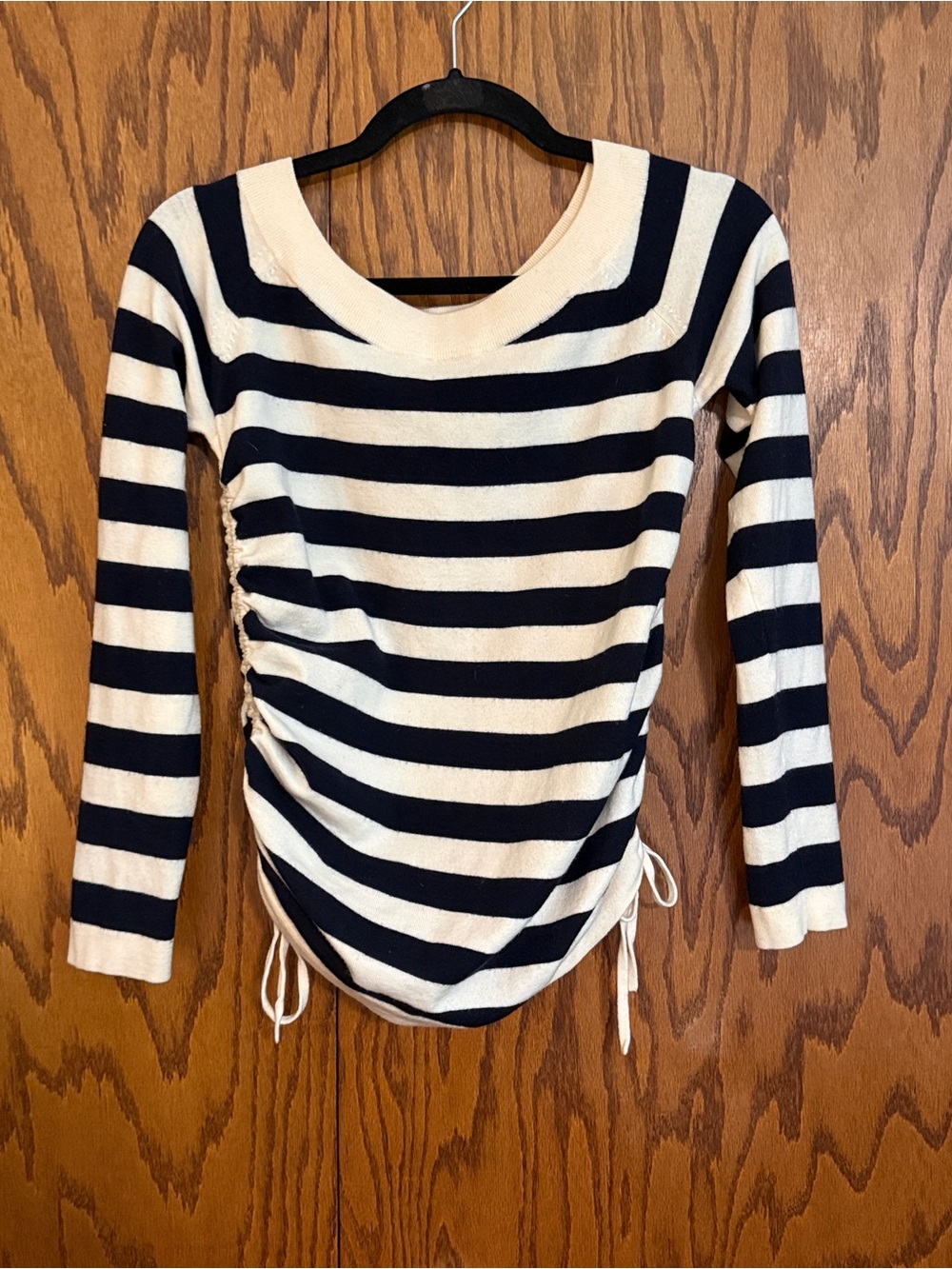 Theory Striped Ruched Wool Sweater Medium Navy Ivory Side Tie